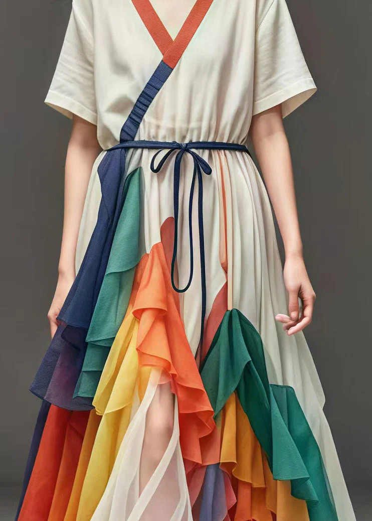 Women White Cinched Patchwork Tulle Maxi Dresses Summer - Image 4