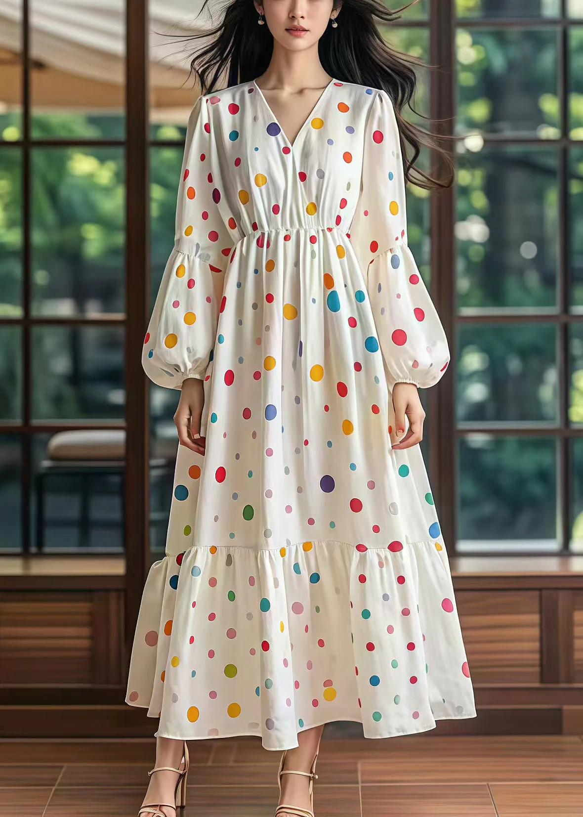 Women White Cinched Print Cotton Long Dress Lantern Sleeve - Image 5