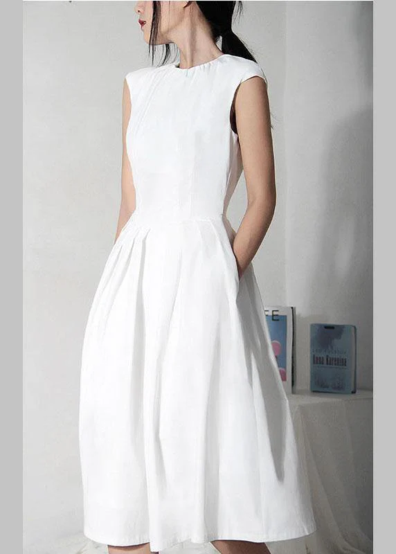 Women White Cinched Sleeveless Holiday Summer Cotton Dress