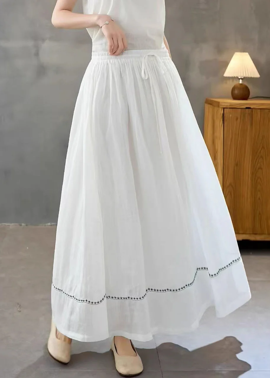 Women White Embroidered Linen A Line Skirts Summer