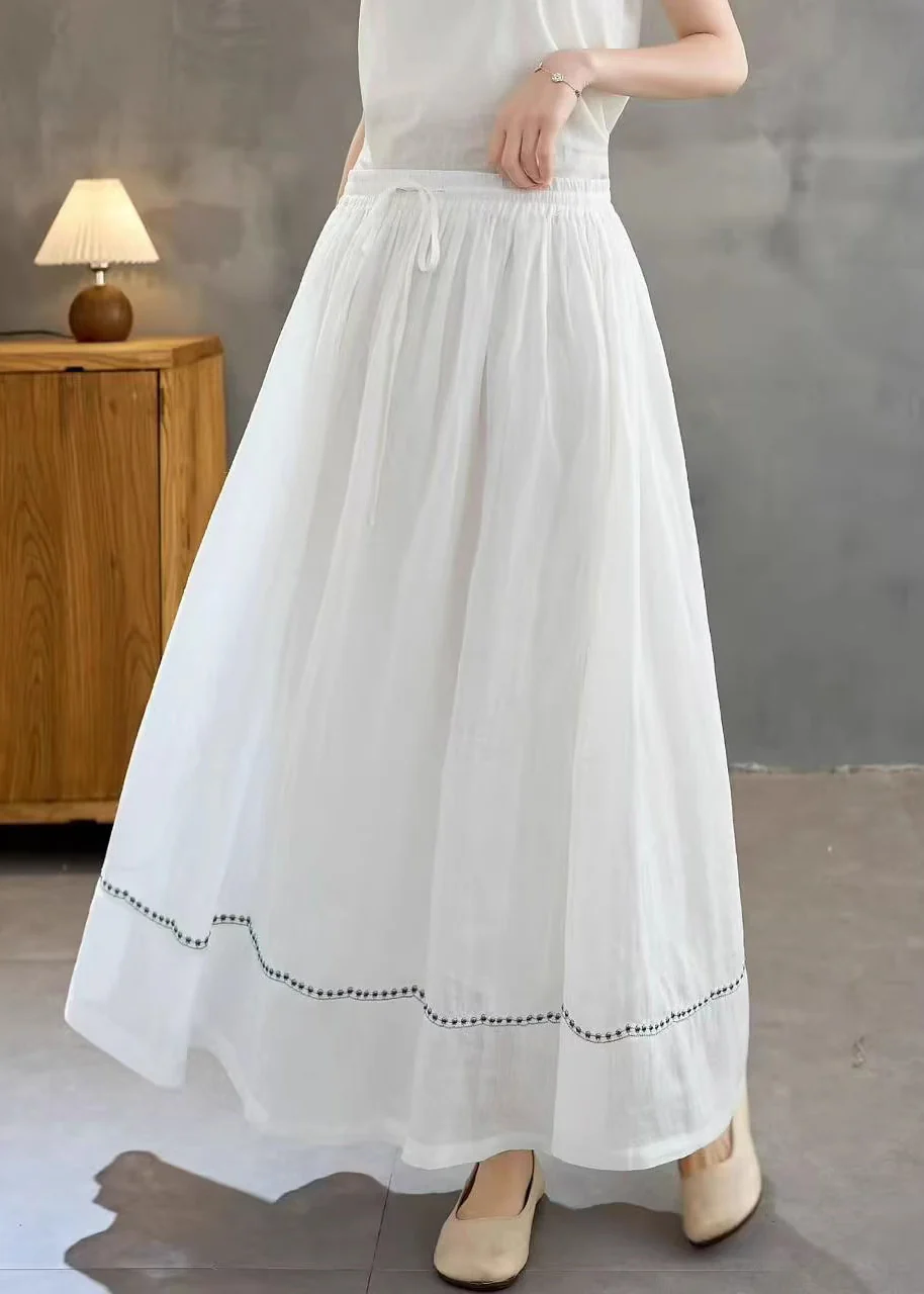 Women White Embroidered Linen A Line Skirts Summer - Image 2