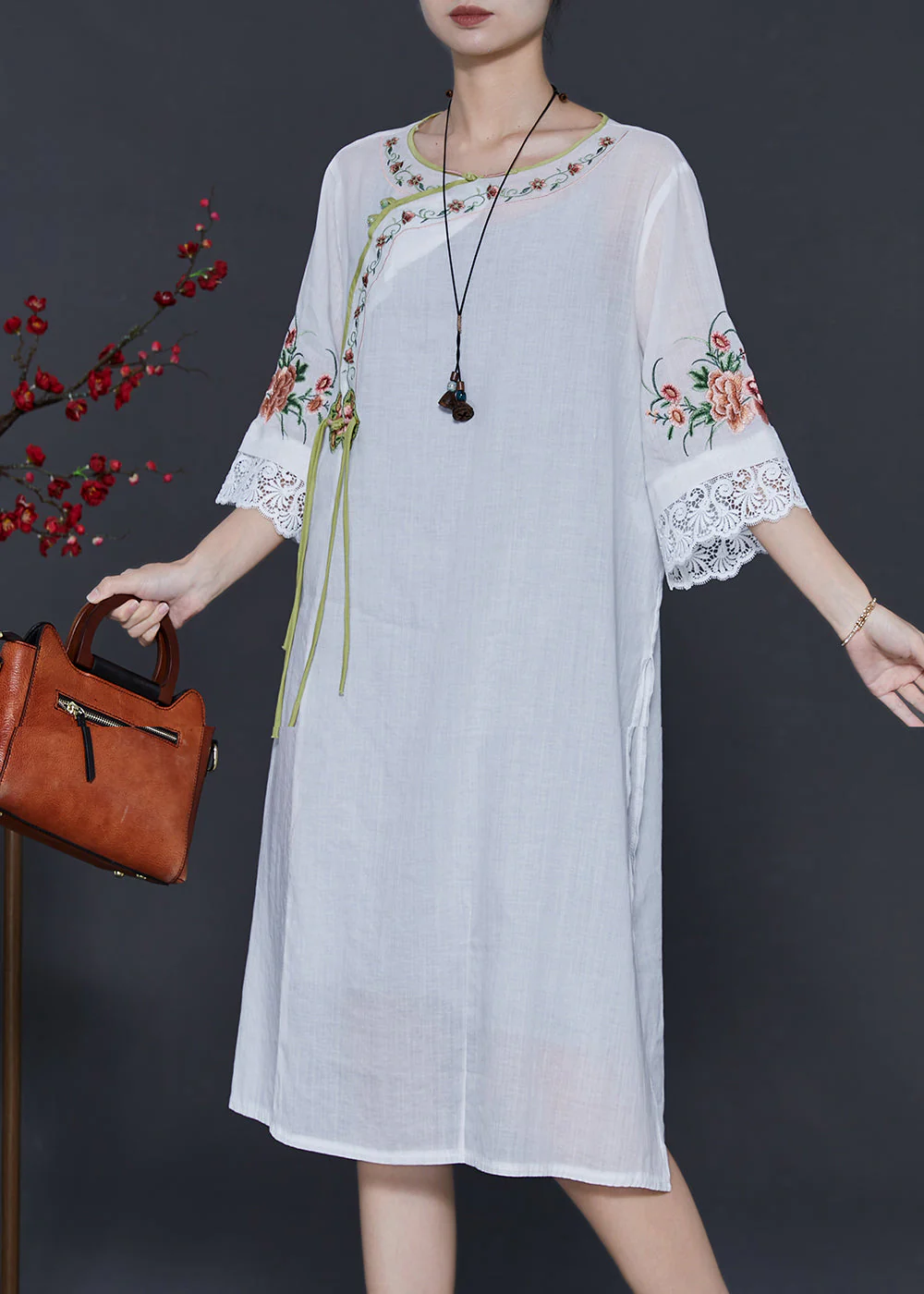 Women White Embroidered Patchwork Linen Oriental Dresses Summer - Image 2
