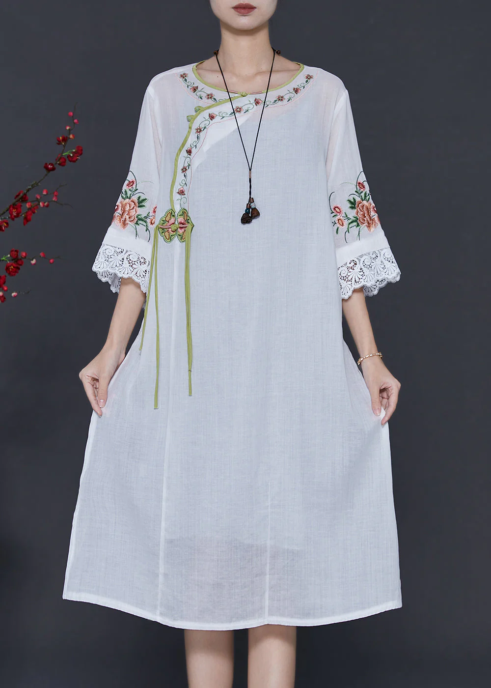 Women White Embroidered Patchwork Linen Oriental Dresses Summer - Image 3