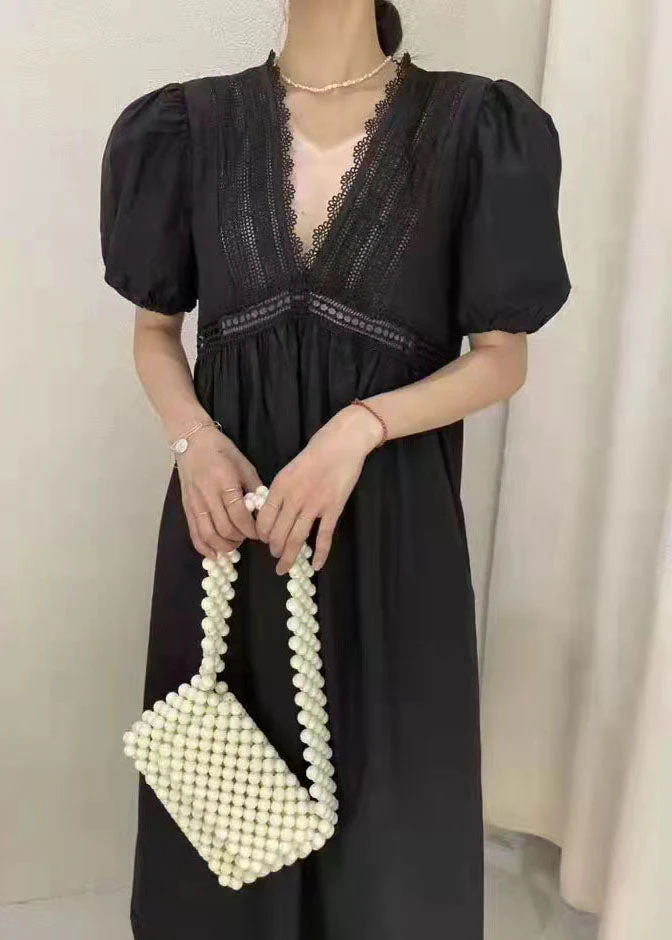 Women White Embroideried Hollow Out Patchwork Cotton Dress Puff Sleeve - Image 2