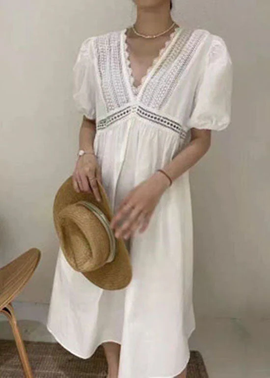Women White Embroideried Hollow Out Patchwork Cotton Dress Puff Sleeve - Image 3