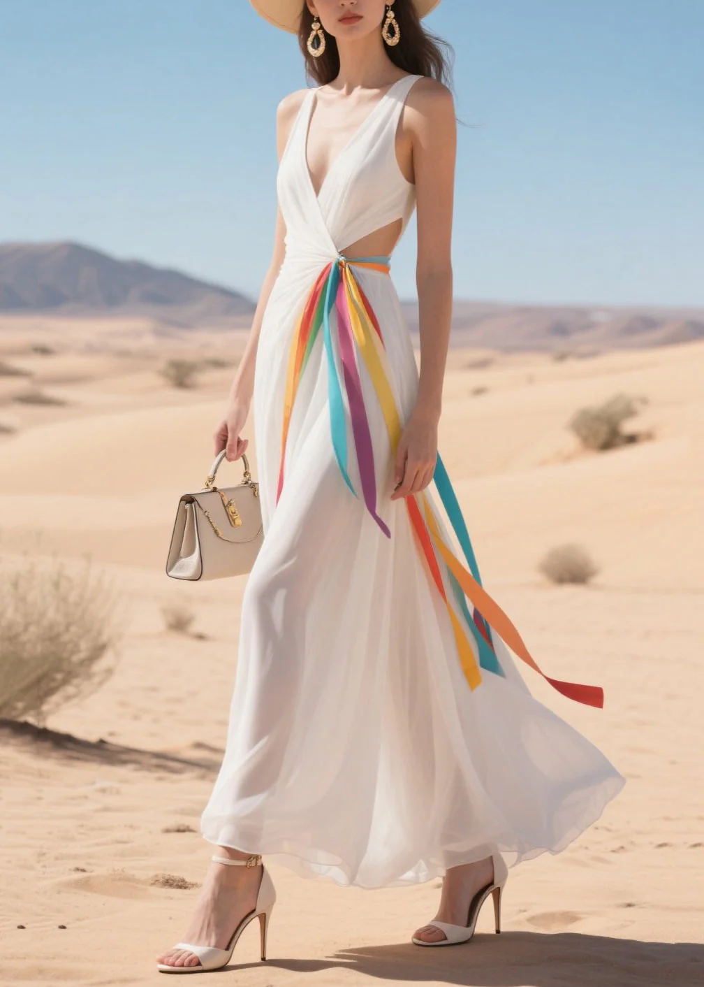 Women White Hollow Out Draping Chiffon Vacation Dress Summer - Image 5