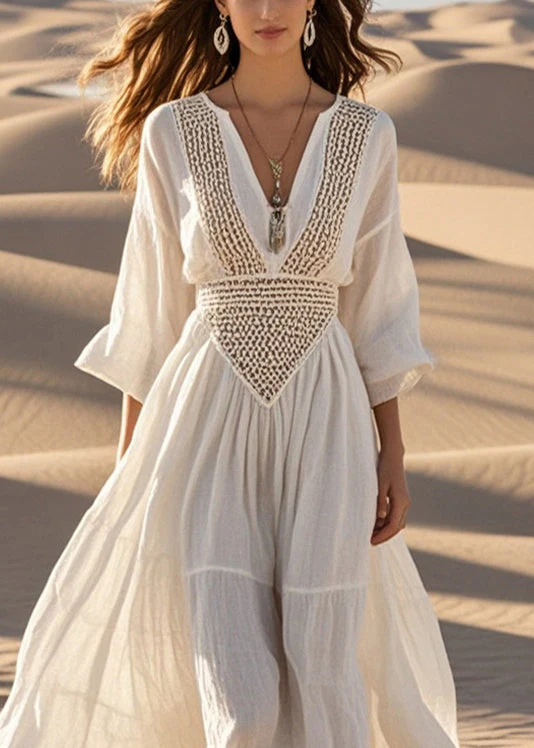 Women White Hollow Out Exra Large Hem Cotton Maxi Dress Spring - Image 2