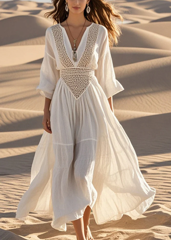 Women White Hollow Out Exra Large Hem Cotton Maxi Dress Spring - Image 3