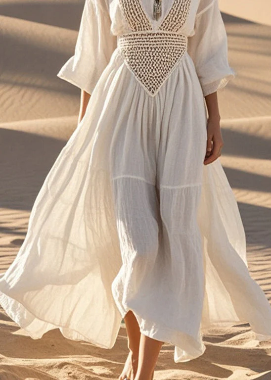Women White Hollow Out Exra Large Hem Cotton Maxi Dress Spring - Image 4