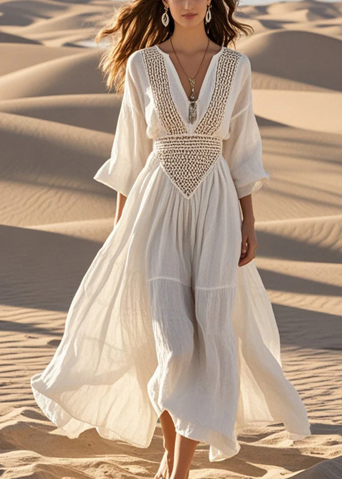 Women White Hollow Out Exra Large Hem Cotton Maxi Dress Spring - Image 5