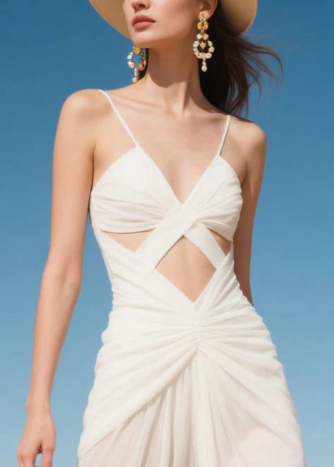Women White Hollow Out Sexy Chiffon Dinner Dress Summer - Image 2