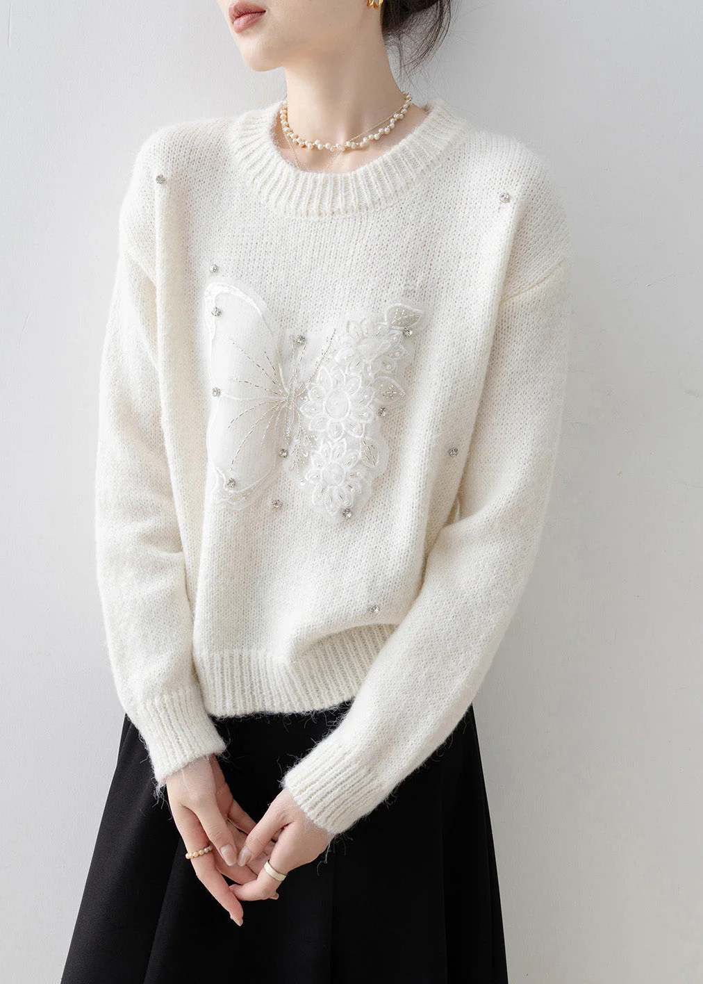 Women White O Neck Butterfly Zircon Knit Sweater Tops Spring - Image 3