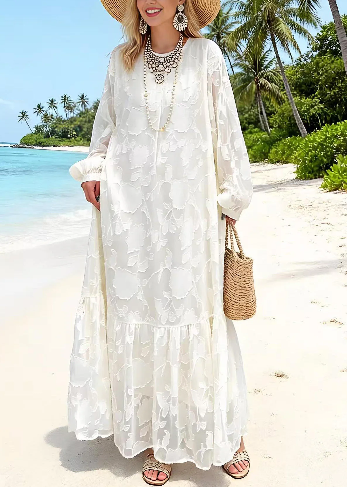 Women White O Neck Embroidered Lace Dresses Spring