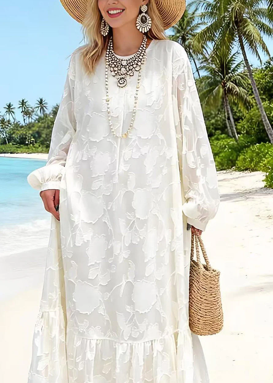 Women White O Neck Embroidered Lace Dresses Spring - Image 2