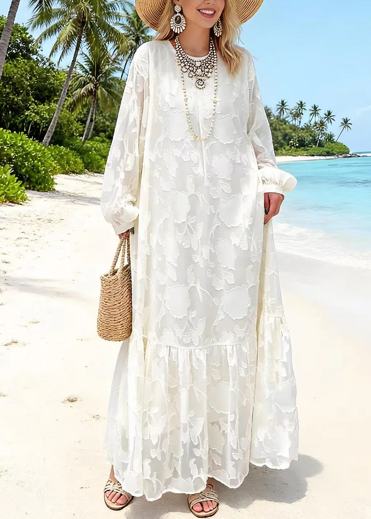 Women White O Neck Embroidered Lace Dresses Spring - Image 3