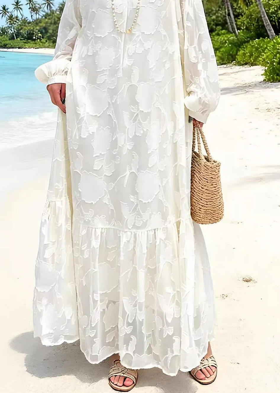 Women White O Neck Embroidered Lace Dresses Spring - Image 4