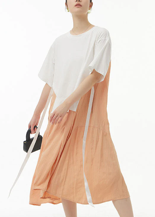 Women White O Neck Patchwork False Two Pieces Cotton Dress Summer - Image 2