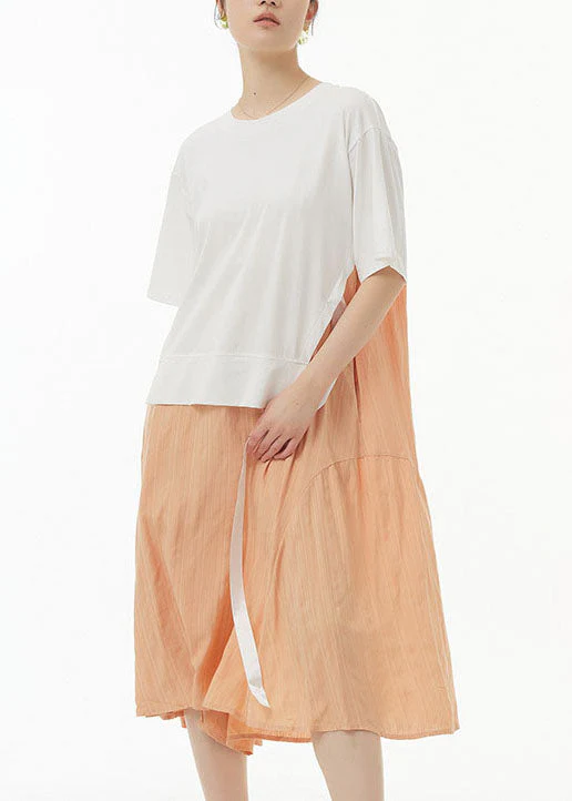 Women White O Neck Patchwork False Two Pieces Cotton Dress Summer - Image 3