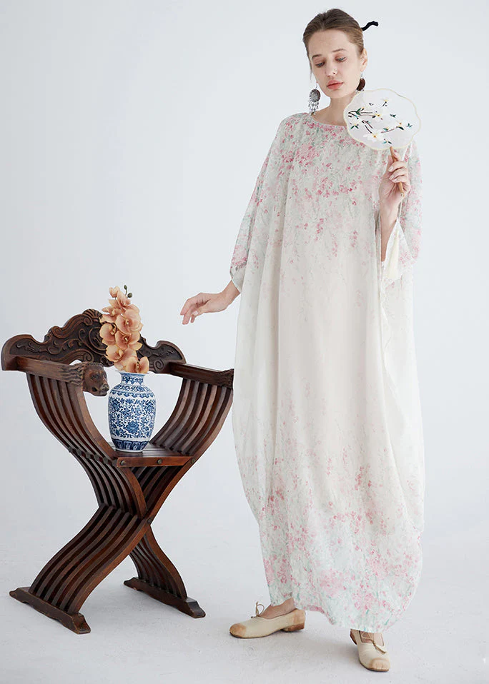 Women White O Neck Print Cotton Robe Dresses Summer - Image 2