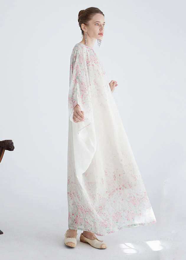 Women White O Neck Print Cotton Robe Dresses Summer - Image 3