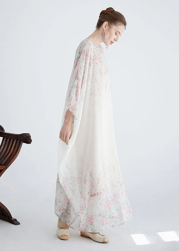 Women White O Neck Print Cotton Robe Dresses Summer - Image 4