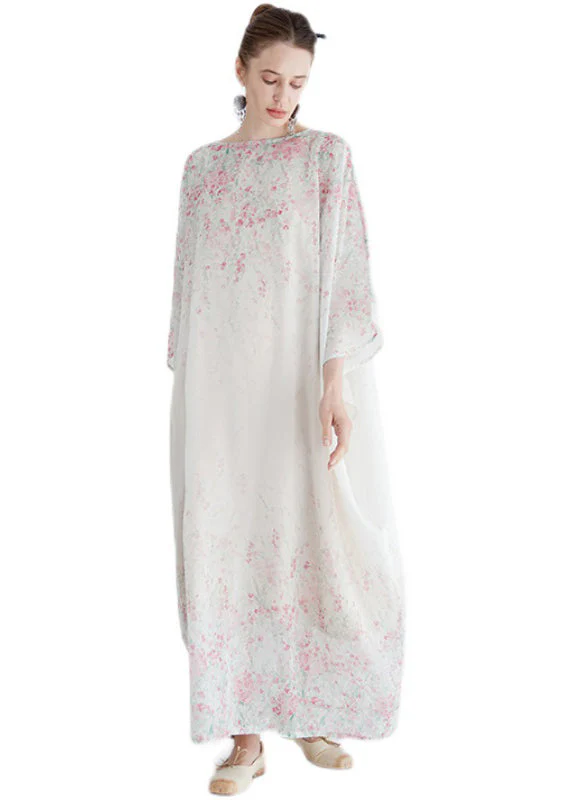 Women White O Neck Print Cotton Robe Dresses Summer - Image 5