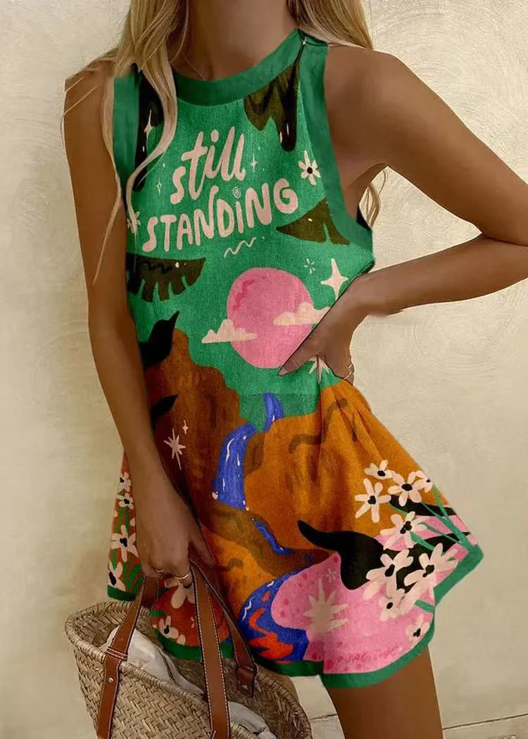Women White O Neck Print Patchwork Cotton Mini Dresses Sleeveless - Image 5