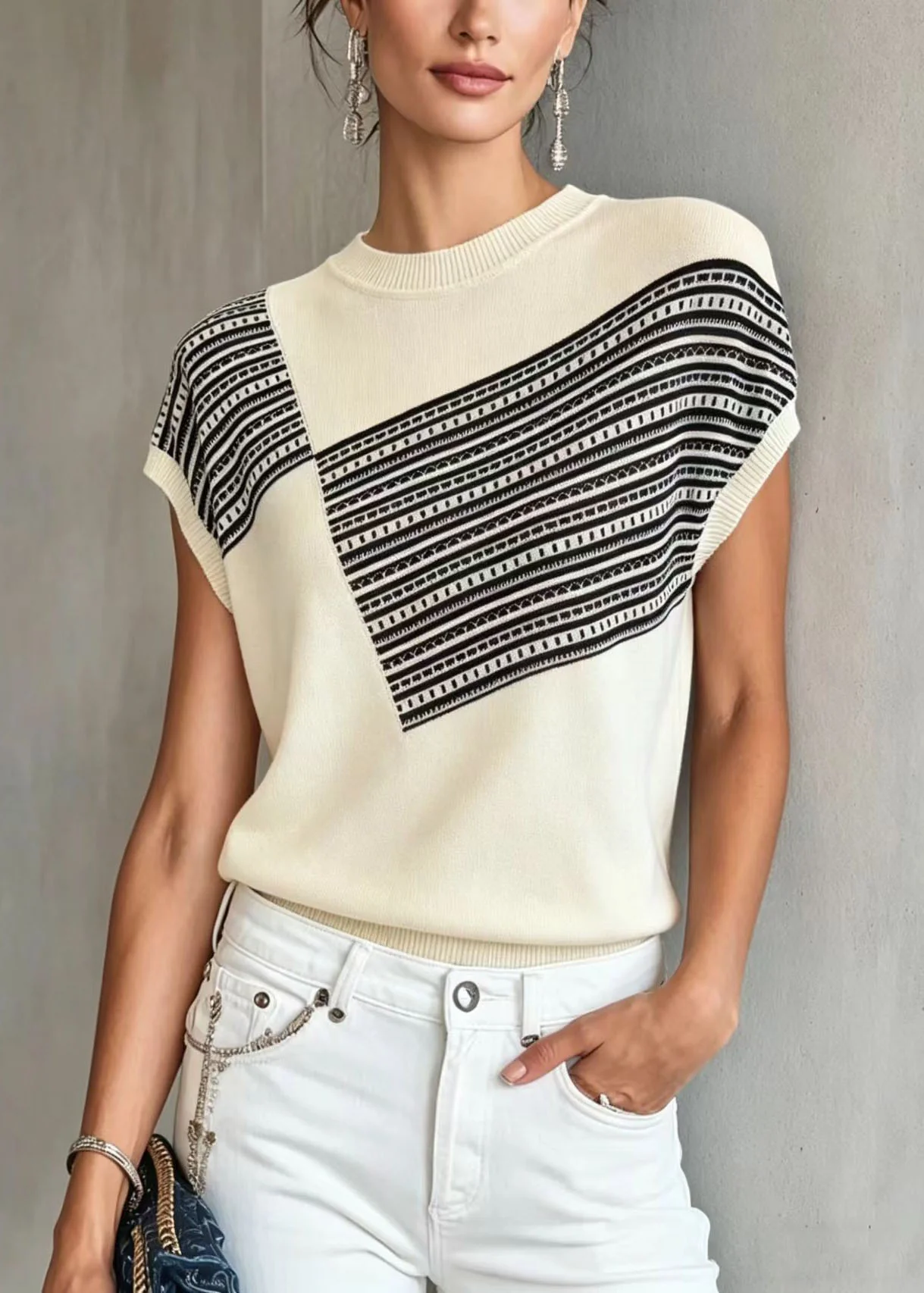 Women White O Neck Print Thin Knit Blouse Tops Summer - Image 5
