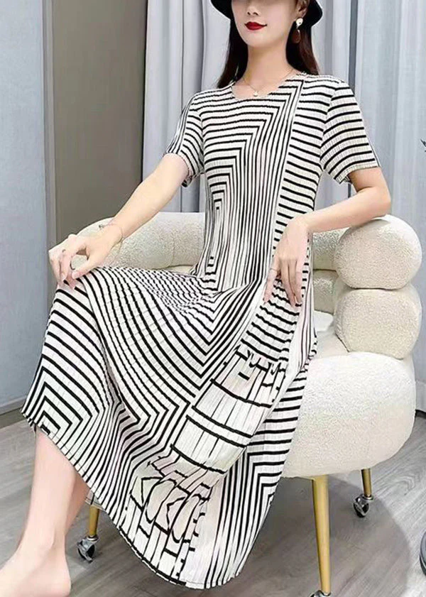 Women White O Neck Striped Wrinkled Silk Dresses Summer - Image 3