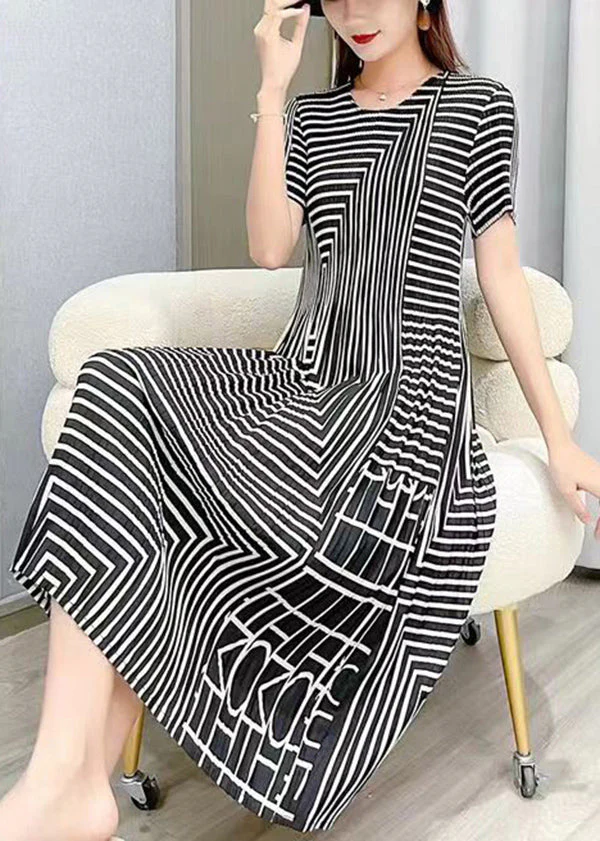 Women White O Neck Striped Wrinkled Silk Dresses Summer - Image 4