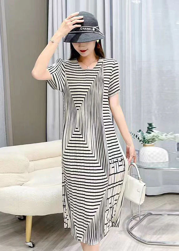 Women White O Neck Striped Wrinkled Silk Dresses Summer - Image 5
