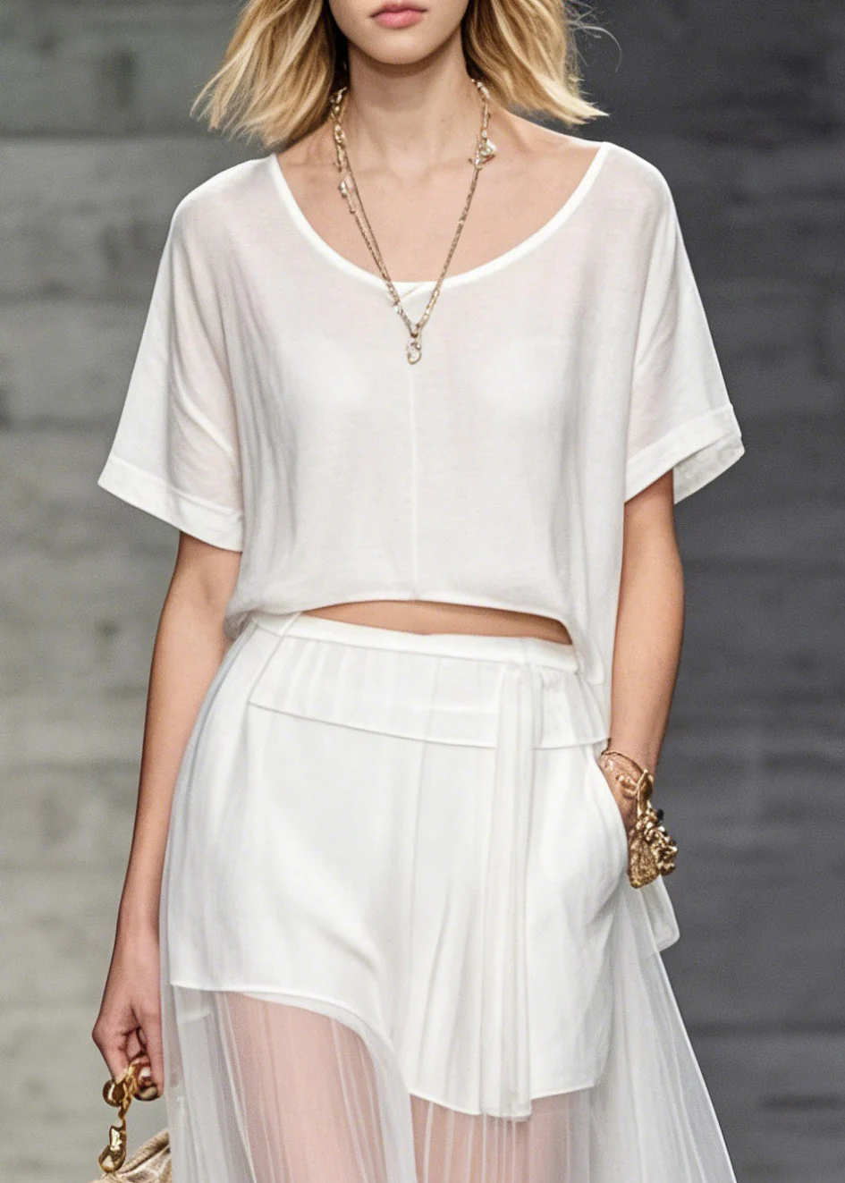 Women White O Neck T Shirt And Skirts Tulle Patchwork Two Pieces Set Summer - Image 2