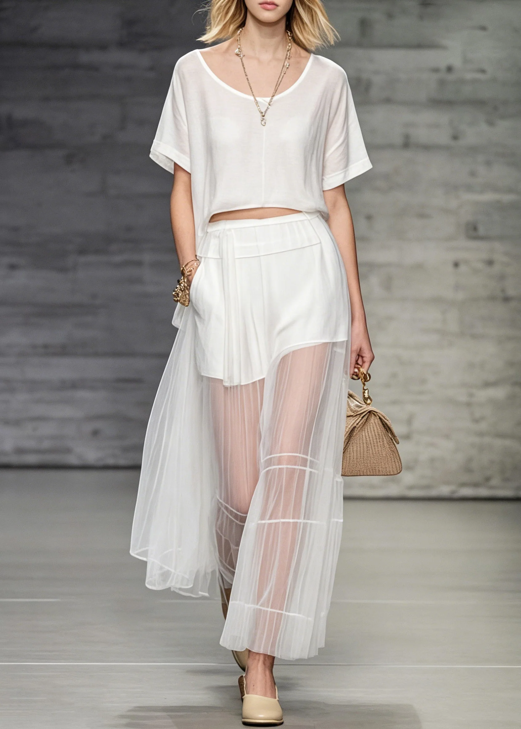 Women White O Neck T Shirt And Skirts Tulle Patchwork Two Pieces Set Summer - Image 3