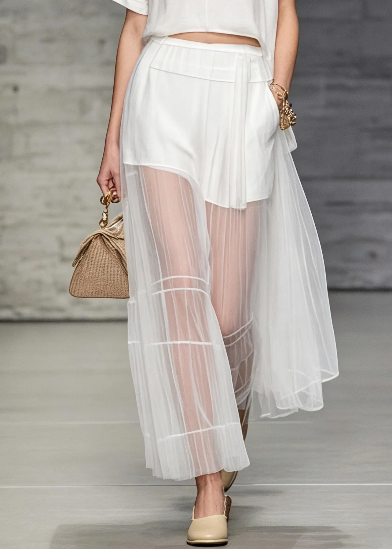 Women White O Neck T Shirt And Skirts Tulle Patchwork Two Pieces Set Summer - Image 4