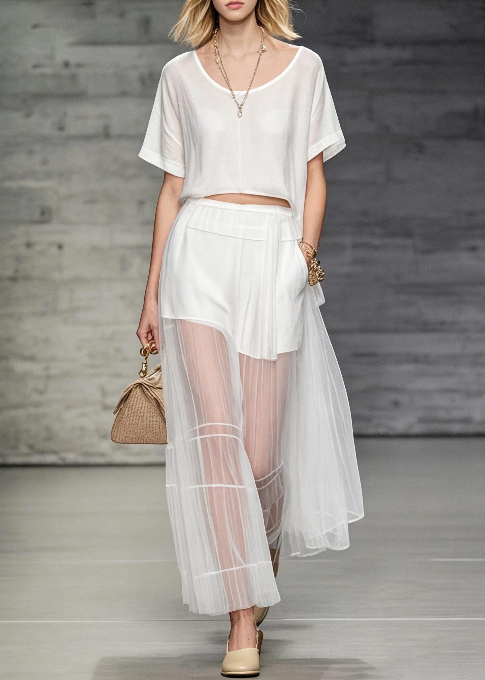 Women White O Neck T Shirt And Skirts Tulle Patchwork Two Pieces Set Summer - Image 5