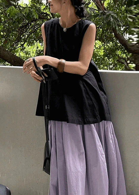 Women White O-Neck Wrinkled Linen A Line Tops Sleeveless - Image 3
