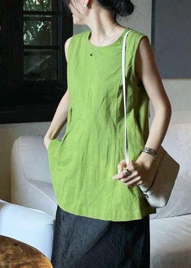 Women White O-Neck Wrinkled Linen A Line Tops Sleeveless - Image 4