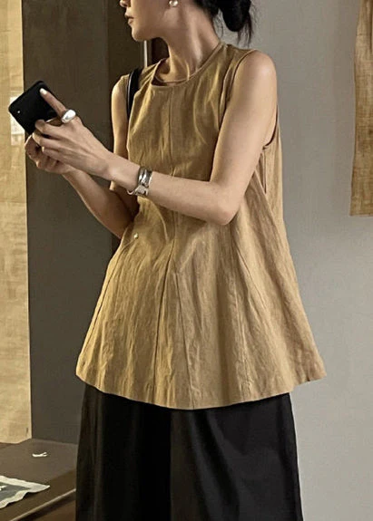 Women White O-Neck Wrinkled Linen A Line Tops Sleeveless - Image 5