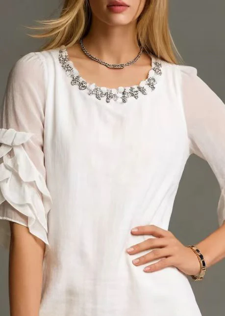 Women White O-Neck Zircon Cotton Day Dress Petal Sleeve - Image 2