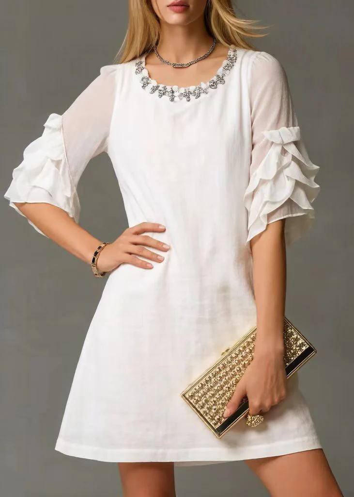 Women White O-Neck Zircon Cotton Day Dress Petal Sleeve - Image 3