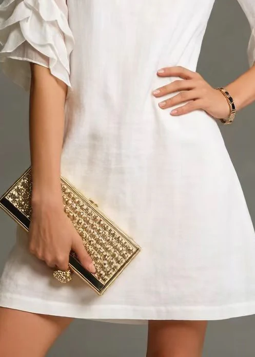 Women White O-Neck Zircon Cotton Day Dress Petal Sleeve - Image 4