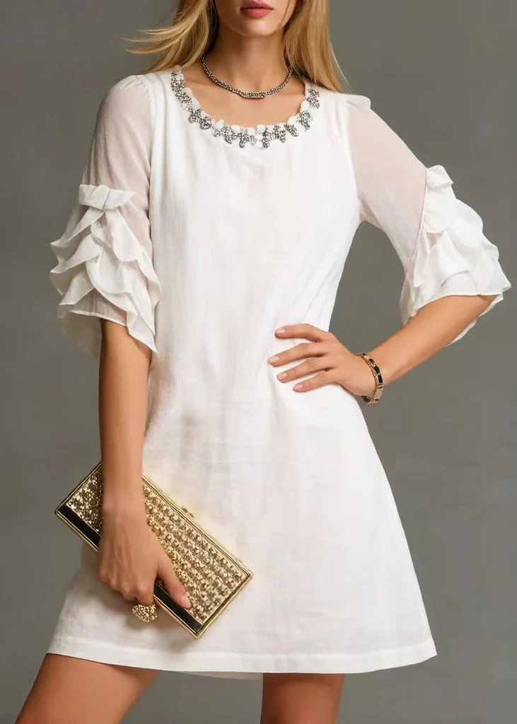 Women White O-Neck Zircon Cotton Day Dress Petal Sleeve - Image 5