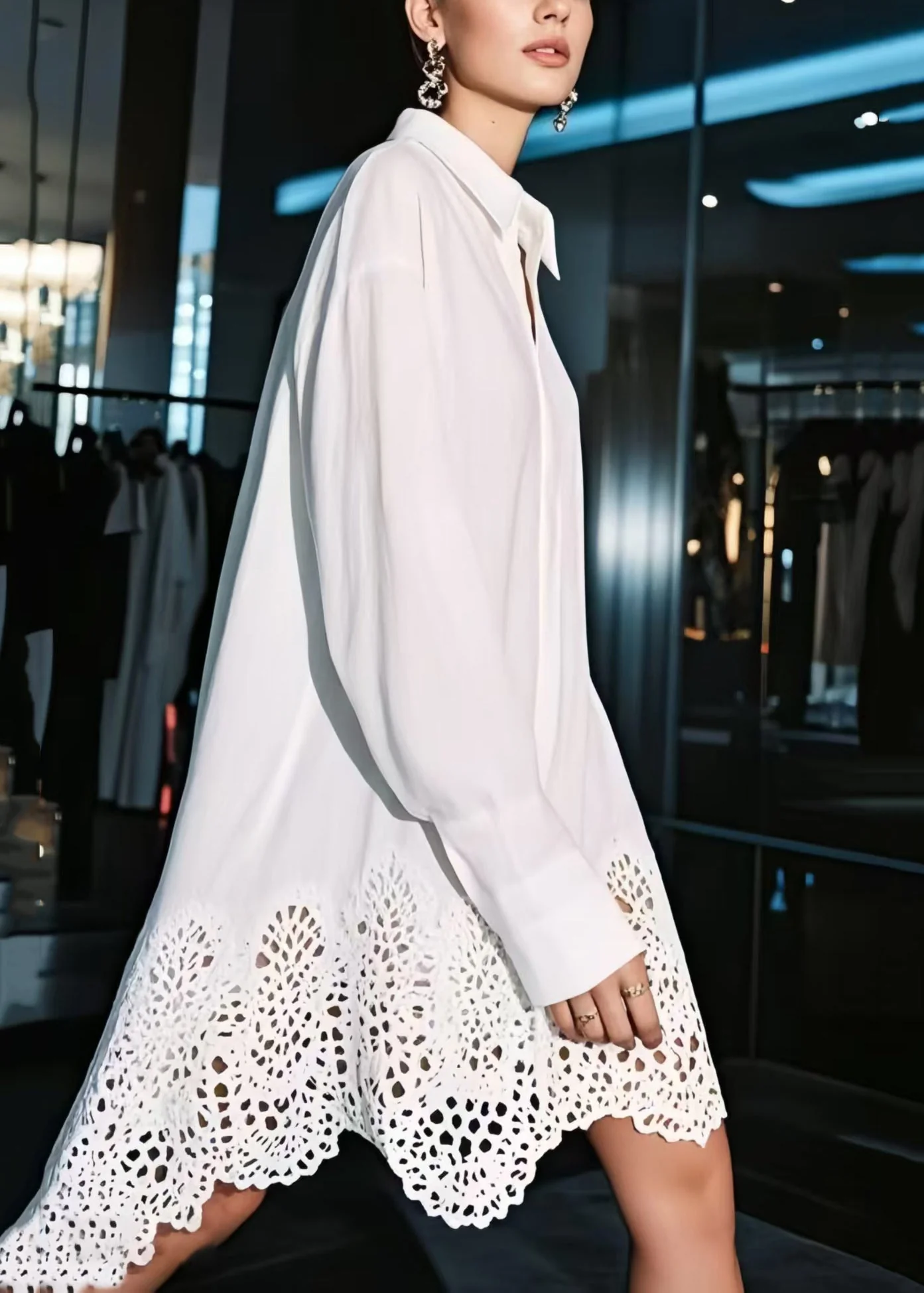 Women White Oversized Hollow Out Cotton Shirt Dresses Spring - Image 3