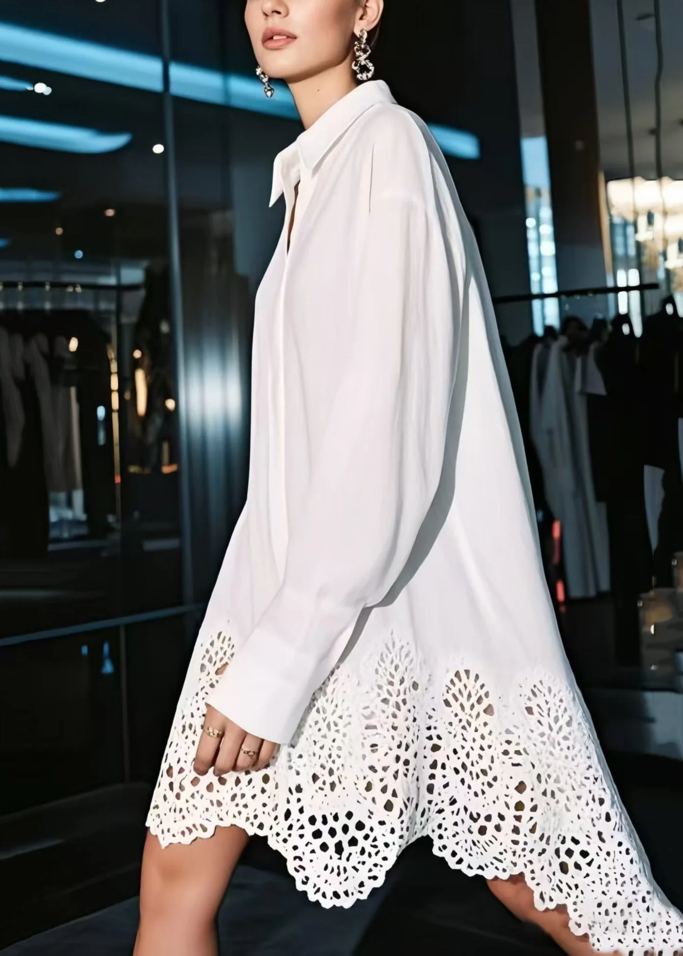 Women White Oversized Hollow Out Cotton Shirt Dresses Spring - Image 5
