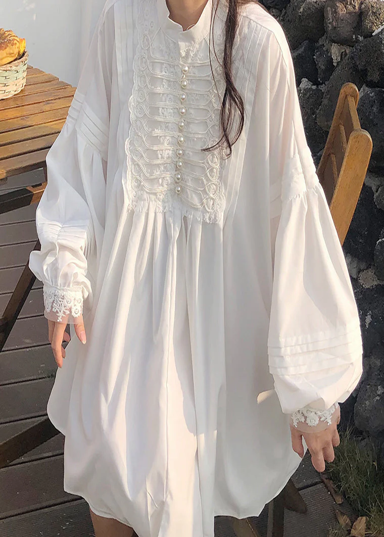 Women White Oversized Nail Bead Cotton Mini Dress Spring - Image 2