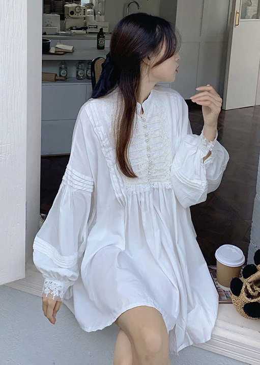 Women White Oversized Nail Bead Cotton Mini Dress Spring - Image 3