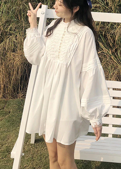 Women White Oversized Nail Bead Cotton Mini Dress Spring - Image 5