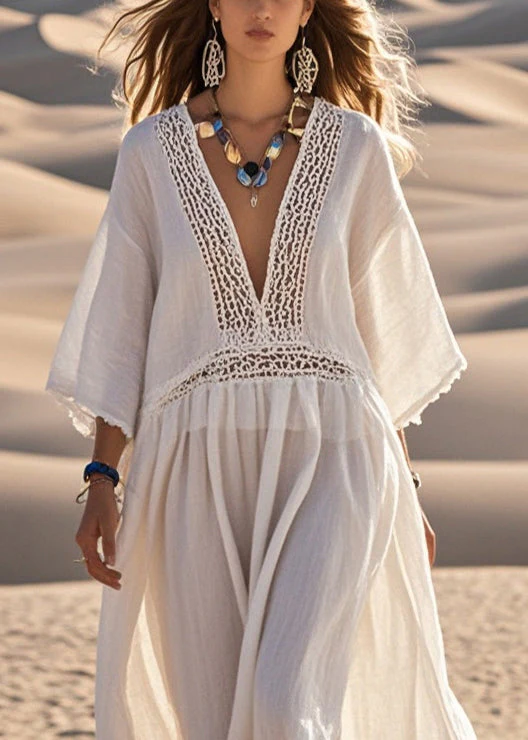 Women White Oversized Patchwork Hollow Out Cotton Dress Bracelet Sleeve - Image 2