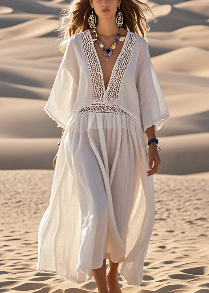 Women White Oversized Patchwork Hollow Out Cotton Dress Bracelet Sleeve - Image 3