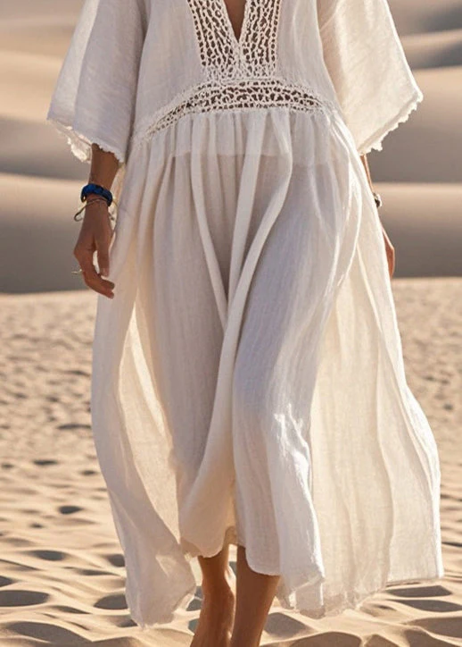 Women White Oversized Patchwork Hollow Out Cotton Dress Bracelet Sleeve - Image 4